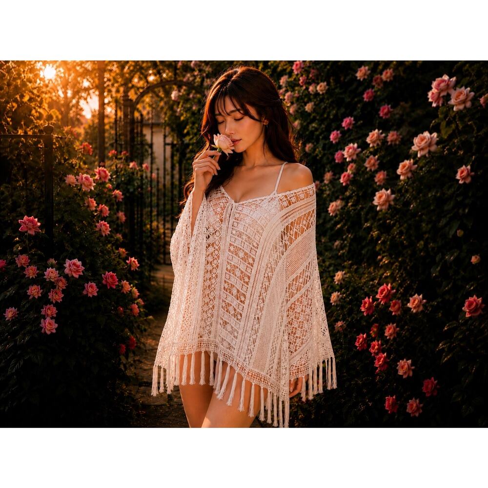 New boutique crochet knit slouchy layering fringed poncho coverup OS